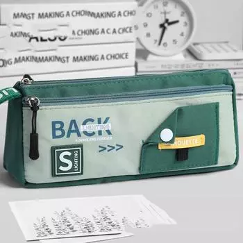 Canvas Storage Pencil Bag Color Blocked Cartoon Pencil Cases Double-Layer Pen Case School Supplies Style C