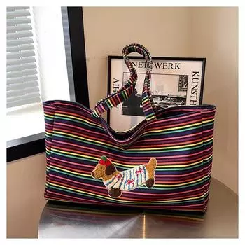 Canvas striped bag women s large capacity 2024 new autumn and winter leisure shoulder college student commuting tote bag