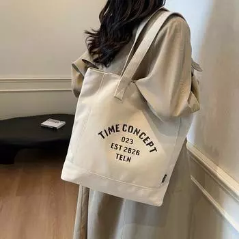 Сумка-тоут из холста с буквенным принтом, женская сумка через плечо, большая вместимость бежевый