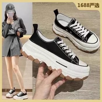 Женские туфли из парусины, новые универсальные туфли на толстой подошве, повседневные туфли на высоком каблуке, дышащие туфли-лодочки, туфли для папы 35 чёрный