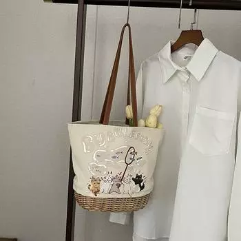 Canvas woven printed shoulder bag, new cute tote bag, portable large-capacity canvas beach bag