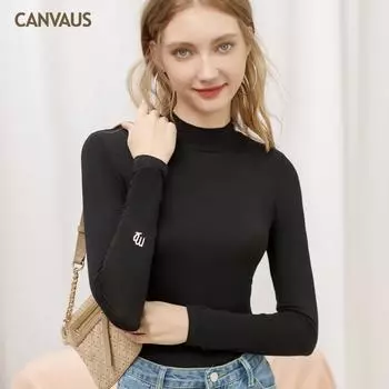 CANVAUS Европейская осенняя женская новая футболка с высоким воротником и вышивкой, с длинными рукавами, модальная нижняя рубашка S чёрный