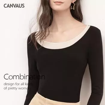CANVAUS Новая двухцветная контрастная черная рубашка с круглым вырезом и длинными рукавами, тонкая и удобная нижняя рубашка, футболка, модный женский топ S чёрный