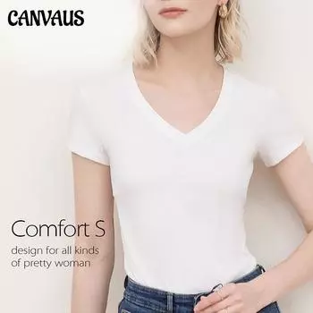 Canvaus, новая летняя футболка, женская футболка с SV-образным вырезом, тонкая нижняя рубашка, однотонный топ на подкладке, женская одежда S чёрный