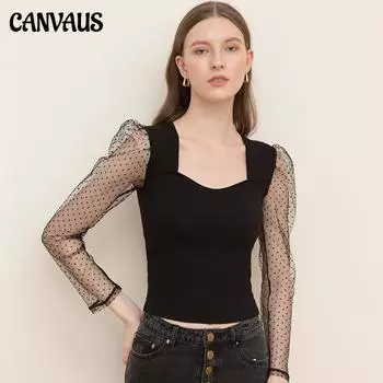 CANVAUS Новая мода женский топ с квадратным вырезом и пышными рукавами, однотонная хлопковая рубашка из сетчатой пряжи с длинными рукавами S чёрный