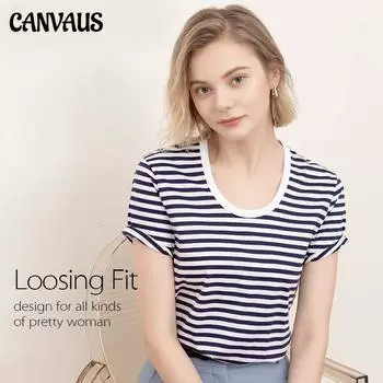 Canvaus Новая женская футболка с короткими рукавами, модный свободный полосатый топ с круглым вырезом и круглым вырезом контрастного цвета S синий