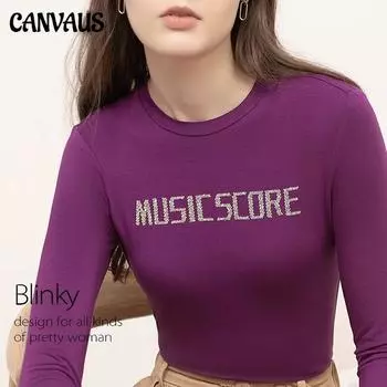 CANVAUS осенне-зимняя женская одежда с бриллиантами и круглым вырезом Hot Diamonds, тонкая нижняя рубашка с длинными рукавами, женская футболка S чёрный