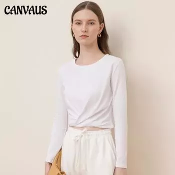 CANVAUS осенний новый стиль, хлопковая витая модная нижняя рубашка, однотонная универсальная женская одежда с длинными рукавами и круглым вырезом S белый