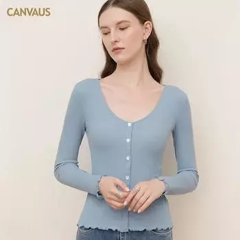 CANVAUS осенняя новая женская нижняя рубашка с v-образным вырезом, футболка, женский тонкий эластичный топ с длинными рукавами S синий