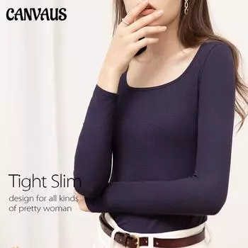 CANVAUS осенняя женская новая нижняя рубашка с глубоким вырезом, облегающая футболка с длинными рукавами в европейском и американском стиле с резьбой S чёрный