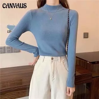 CANVAUS Внутренний свитер с высоким воротником Женская нижняя рубашка Весенне-осенний универсальный тонкий облегающий свитер с длинными рукавами Короткий топ в западном стиле One size чёрный