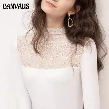 Canvaus женская белая однотонная рубашка с высоким воротником и длинными рукавами, кружевная нижняя рубашка, футболка, женский топ S чёрный