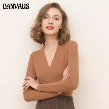 CANVAUS женская осень/зима, новый стиль, хлопковая тонкая бархатная однотонная рубашка с v-образным вырезом и длинными рукавами, тонкая, простая, в европейском стиле, нижняя рубашка S чёрный