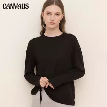 Canvaus женская свободная плиссированная футболка с круглым вырезом, однотонная новая нижняя рубашка с длинными рукавами и резьбой S чёрный