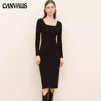 CANVAUS женское новое хлопковое платье средней длины с квадратным вырезом, однотонная облегающая юбка-карандаш со средней талией и длинными рукавами S чёрный