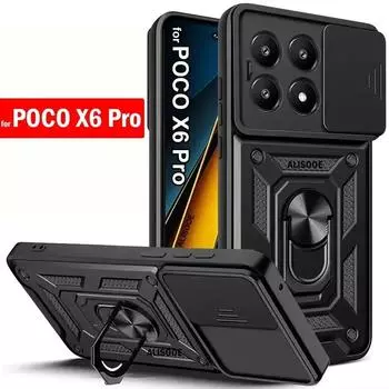 Capa для POCO X6 Pro 5G Case Armor Slide Camera Lens Protection Back Cover для Xiaomi POCO X6 Pro 5G Ring Stand Shockproof Funda for POCO X6 Pro золотой