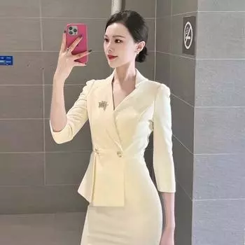 Capable Elegant Fashion Business Dress Female Fancy Formal Occasion White Long Sleeves Business Suit and Dress Spring & Fall Creamy-white (suit skirt) XS