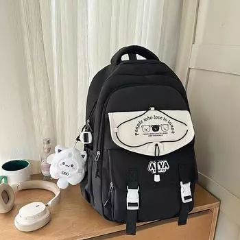 Capacity Large Cute Backpack With Bear And Letter Print Decoration Daily For Black Charm
