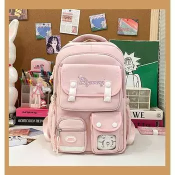 Capacity Schoolbag Women Lightweight Japan fashion Multi-Layer Primary School Student High School Junior High School Girl Backpack Cute Wild Backpack Pink + Crying Cat