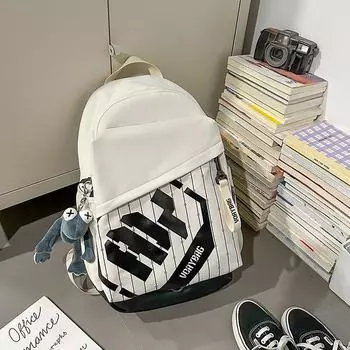 Capacity Simple Big Backpack With Letter Decoration And Stripe Design For Daily White Frog Pendant
