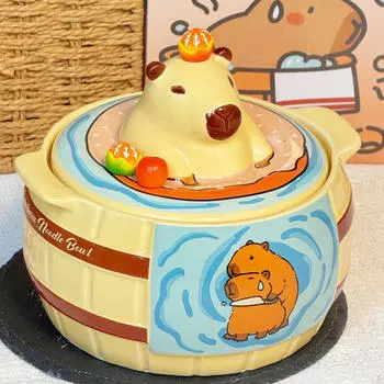 Керамическая миска для рамена Capybara с крышкой, универсальная посуда, лапша быстрого приготовления для общежития