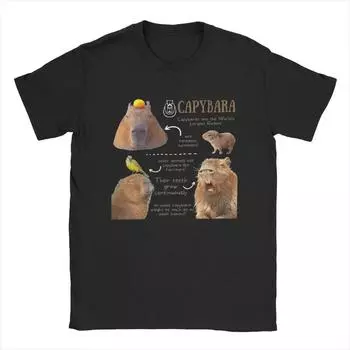 Capybara Fun Facts Футболки Мужские Винтажные Футболки 100% Хлопок Круглый Вырез Короткие Рукава Футболки Идея Подарка Одежда S чёрный