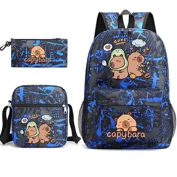 Capybara Print Animal Backpack Lunch Bag Pen Case Set Cartoon Schoolbag Gift Pattern Blue