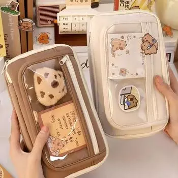 Capybara Прозрачная сумка для ручек 9 ячеек Канцелярская коробка Косметичка Прозрачный пенал для друга Подарок бежевый