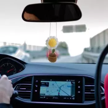 Car Accessories Sunflower Pendant Flower Knitted Rear View Mirror Accessories Cute Potted Plant Pendant Not Block The Sight Wool