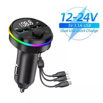 Car Bluetooth 5.0 FM Transmitter with 3 In 1 Charge Cable Wireless Handsfree Audio Receiver Fast Car Charger Adapter Auto MP3 Player for IPhone Huawei