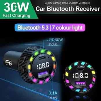 Car Bluetooth 5.3 FM Transmitter Wireless Audio Receiver Car MP3 Player 30W PD Fast Charge With Apple Type-C Port Charging Cable чёрный