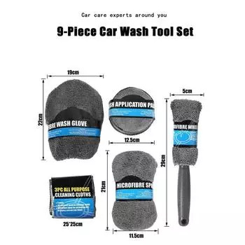 Car Care Cleaning Tool 9piece/Set Auto Wash Mitt Microfiber Towel Wash Gloves Wheel Brush Pad Wash Sponge Mitt Auto