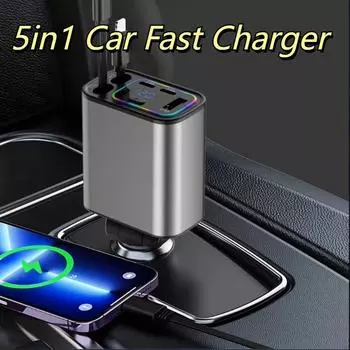 Car Charger 120W with Retractable Cable Ambient Lighting PD QC3.0 Fast Charging USB Type C Port Phone Charger Adapter