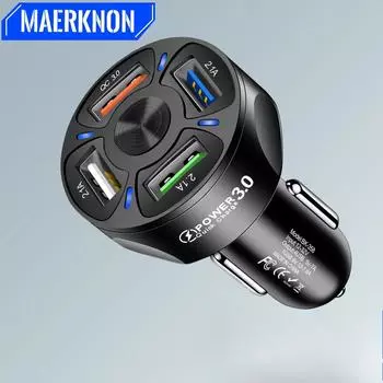 Car Charger Multiple 4 Ports USB Fast Charging QC3.0 Cell Mobile Phone Quick Adapter for Car for Xiaomi 14 Huawei 60 Samsung S23 White