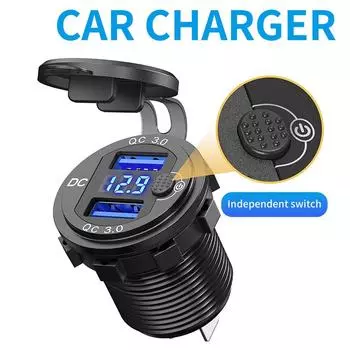 Car Charger QC3.0 Dual USB Cigarette Lighter Socket Waterproof With Voltmeter Switch Quick Charge Adapter 12/24V Car Accessories синий