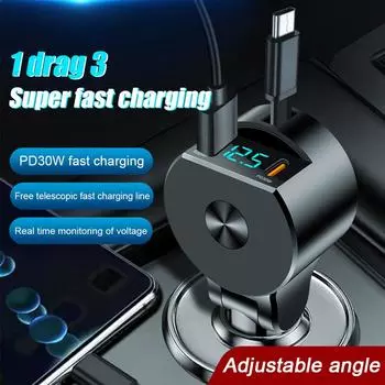 Car Charger Retractable PD 30W Cable For IPhone/Android Digital Display Quick Car Chargers Adapter Car Charger Accessories R4L5