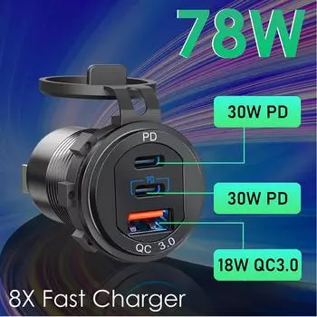 Car Charger Socket PD3.0 & QC3.0 Double USB C Ports Waterproof 78W Fast Charging Aluminium For 12V/24V Boats Moto Adapter