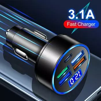 Автомобильное зарядное устройство USB 4USB+1PD со светодиодом Быстрая зарядка QC3.0 Type C Адаптер Универсальный телефон для iPhone 13 Samsung Macbook Pro Ноутбук