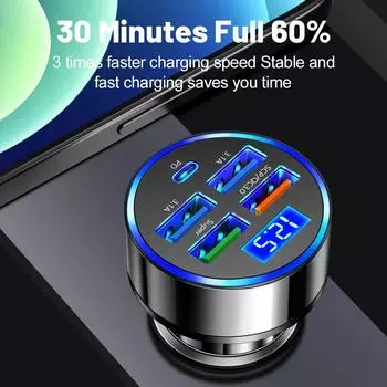 Car Charger with QC3.0 Fast Charging, 1-to-4 Multi-Functional Automotive Adapter, 5-Port Car Charging Socket with LED Display чёрный