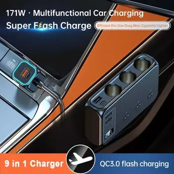 Car Chargers 171W PD QC3.0 Quick Charging Adapter 3 Ports Cigarette Lighter Power Splitter 12-24V with Volatge Display for Car