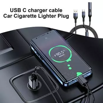 Car Charging Cable USB C 2 In 1 Fast Charging USB Cable 6a Fast Charging Cable C Splitter Charging Cable With Igniter Car чёрный