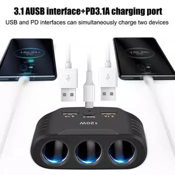 Car Cigarette Lighter 3 Socket Cigarette Lighter Splitter Dual USB PD Car Power Conversion Plug Fast Charge Adapter For Phone