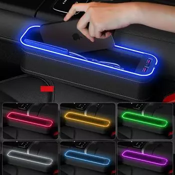 Car Crevice Storage Box With 2 USB Charger Colorful LED Seat Gap Slit Pocket Seat Organizer Card Phone Bottle Cups Holder