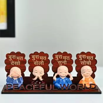 Car Dashboard Accessories – Little Buddha Monk Set – 4 Cartoon-Style Baby Monks with Decorative Wooden Base for Home