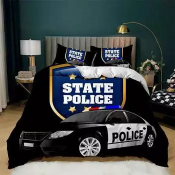 Car Duvet Cover Black Policeman Car Twin Bedding Set Cartoon Vehicle Comforter Cover Red Cop Lights Polyester Quilt Cover 135X200cm-2pcs