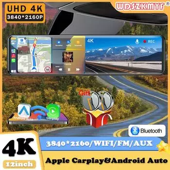 Автомобильный видеорегистратор 12” 4K Carplay Android-Auto Dash Cam Dual Lens Video Drive Recorder Stream Mirror Dashcam Camera 5G Wifi GPS Bluetooth FM NONE