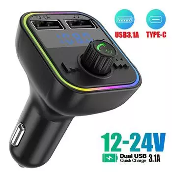 Car FM Card Bluetooth 5.0 FM Transmitter PD Type-C Light 3.1A Charger Modulator Dual MP3 Hands-free Fast Ambient Color USB T3P2 чёрный