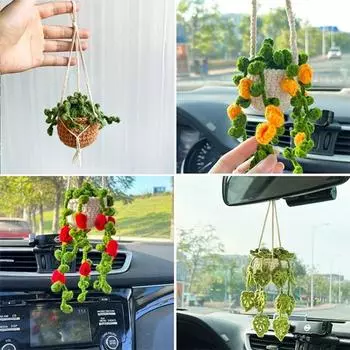 Car Handmade Crochet Plant Pendant Hanging Basket Charm Rear View Mirror Ornament Accessories Decor Gadgets Interior Styling