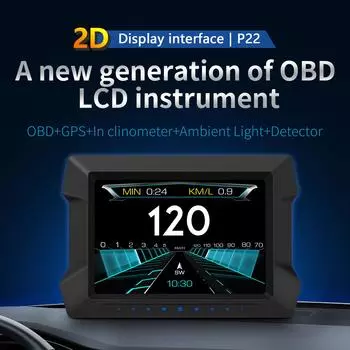 Car HUD Head up Display P22 On-board Computer OBD2 Projection Fuel Gauge LCD Off-road Slope Meter Overspeed Security Alarm GPS