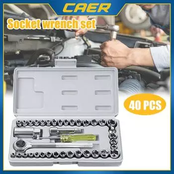 Car Metric Sleeve Ratcheting Wrenches Kit 40pcs 1/4 and 3/8 Drive Hex Socket with Case Universal Vehicle Emergency Repair Tool